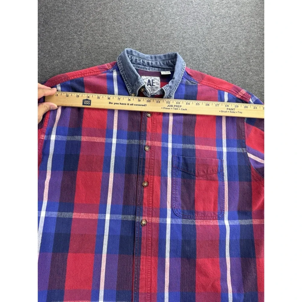VTG 90s American‎ Eagle Men's Sz M Denim Button-Up Shirt Plaid Cotton Grunge Y2K